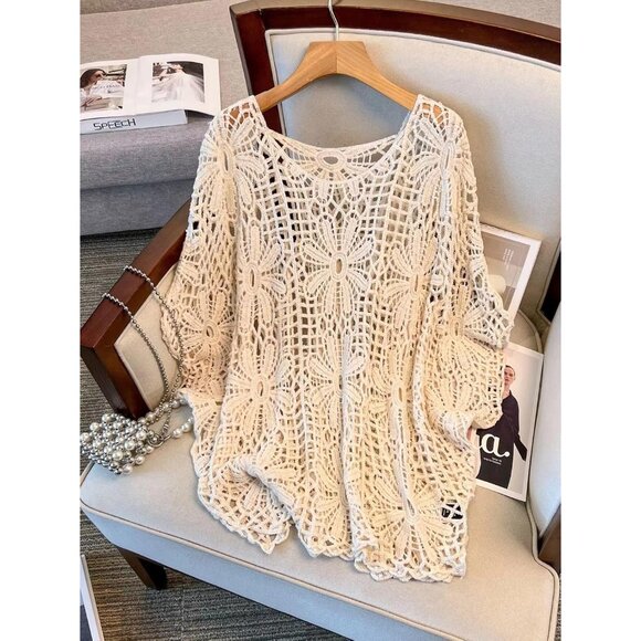 Women's Plus Size Crochet Boho Sweater Beach Cover Up Off Shoulder - Picture 6 of 7
